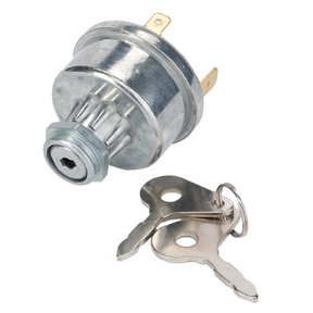 The AGCO Massey Ferguson Ignition Switch 1874535M3 is a metal lock cylinder that comes with two silver keys featuring rectangular slots on a keyring. Designed specifically for Massey Ferguson tractor models, this ignition switch replacement includes mounting clips for easy installation.