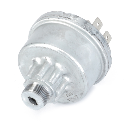 The AGCO Massey Ferguson - Ignition Switch - 3779699M1 is a round, metallic sensor featuring electrical connectors at the top and a threaded fitting at the bottom, specifically designed for parts in the Massey Ferguson 5400 Series tractors.