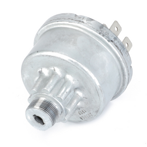 The AGCO Massey Ferguson - Ignition Switch - 3779699M1 is a round, metallic sensor featuring electrical connectors at the top and a threaded fitting at the bottom, specifically designed for parts in the Massey Ferguson 5400 Series tractors.
