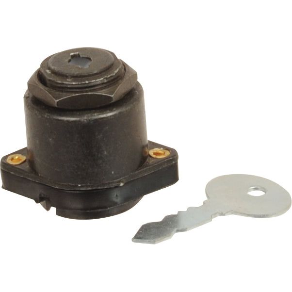 A metal switch housing from Sparex, part of the Ignition Switch & Key (Agripak 1 pc.) set (Sparex Part No.S.22482), complete with a removable key for security locking mechanisms, designed to be compatible with Massey Ferguson TE20.