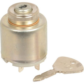 A metal ignition switch from Sparex (Part No. S.42805), compatible with Massey Ferguson, with a key placed beside it.