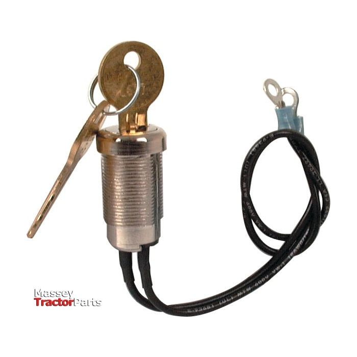 A metal ignition switch, complete with two attached keys and black wires, is compatible with Ford New Holland tractors. The Sparex logo is visible in the bottom left corner, with the product referred to as Ignition Switch | Sparex Part No.S.60617.