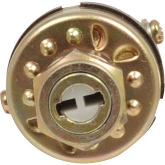 Close-up of the Ignition Switch (Sparex Part No. S.60820) with a round, metal design, central keyhole, and 4 positions for precise control, specifically designed for Massey Ferguson tractors by Sparex.