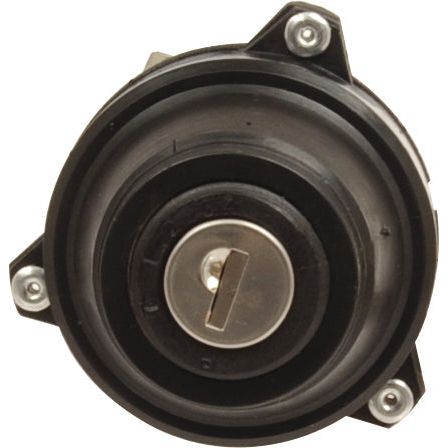 Close-up of the Ignition Switch (Sparex Part No. S.61024) by Sparex, showcasing a circular, black design with a key slot in the center, a triangular mounting base secured by three screws, and twin connector blades.