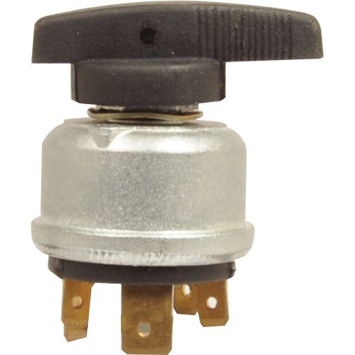 The Ignition Switch from Sparex (Part No. S.75819) is a metal switch featuring a black plastic key and five brass terminals at the bottom, compatible with John Deere models.
