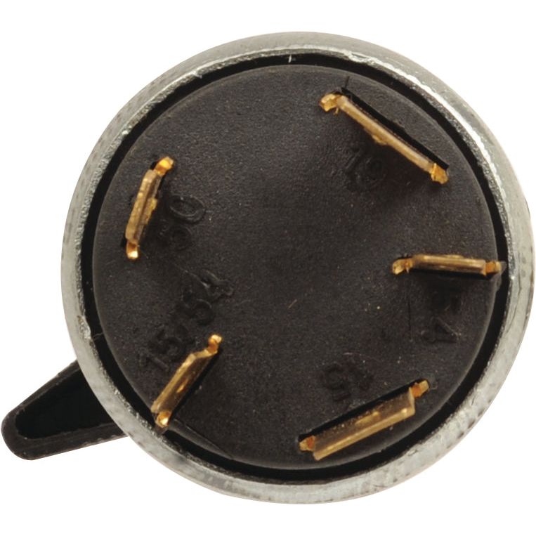 A close-up view of the Ignition Switch (Sparex Part No.S.75819) by Sparex reveals a round, black electrical component with four metal prongs and markings "49", "49a", and "31." It resembles an ignition switch and is encased in a metallic outer ring, similar to those used in John Deere equipment.