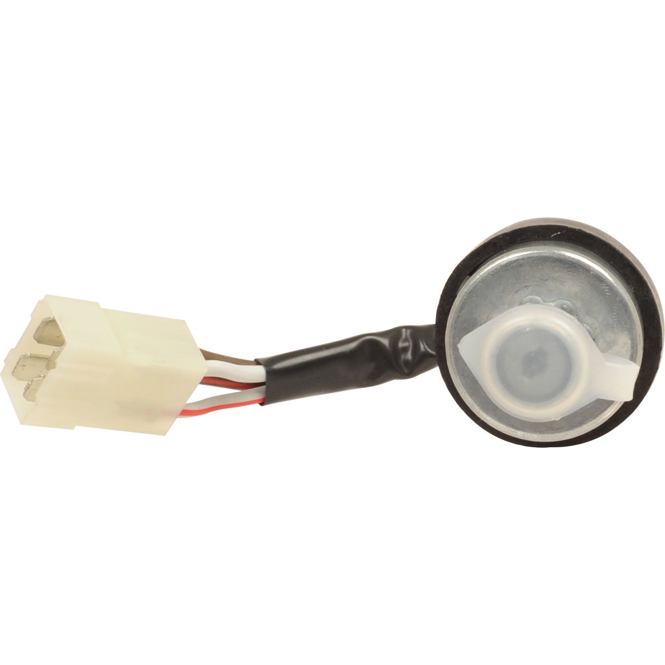 The Ignition Switch With Mini Harness (Sparex Part No. S.43482) by Sparex is a high-quality automotive sensor featuring a circular black and metallic component connected to a white plastic wiring connector with red and white wires wrapped in black tape. This part is compatible with Massey Ferguson tractors.