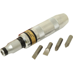 The Impact Screwdriver Set (6 pcs.) - S.23329 by Sparex is displayed, featuring a metal hand tool with a textured handle, five interchangeable screwdriver bits including flathead and Phillips head types, and a 1/2'' Drive Size Bit Holder for versatile use.