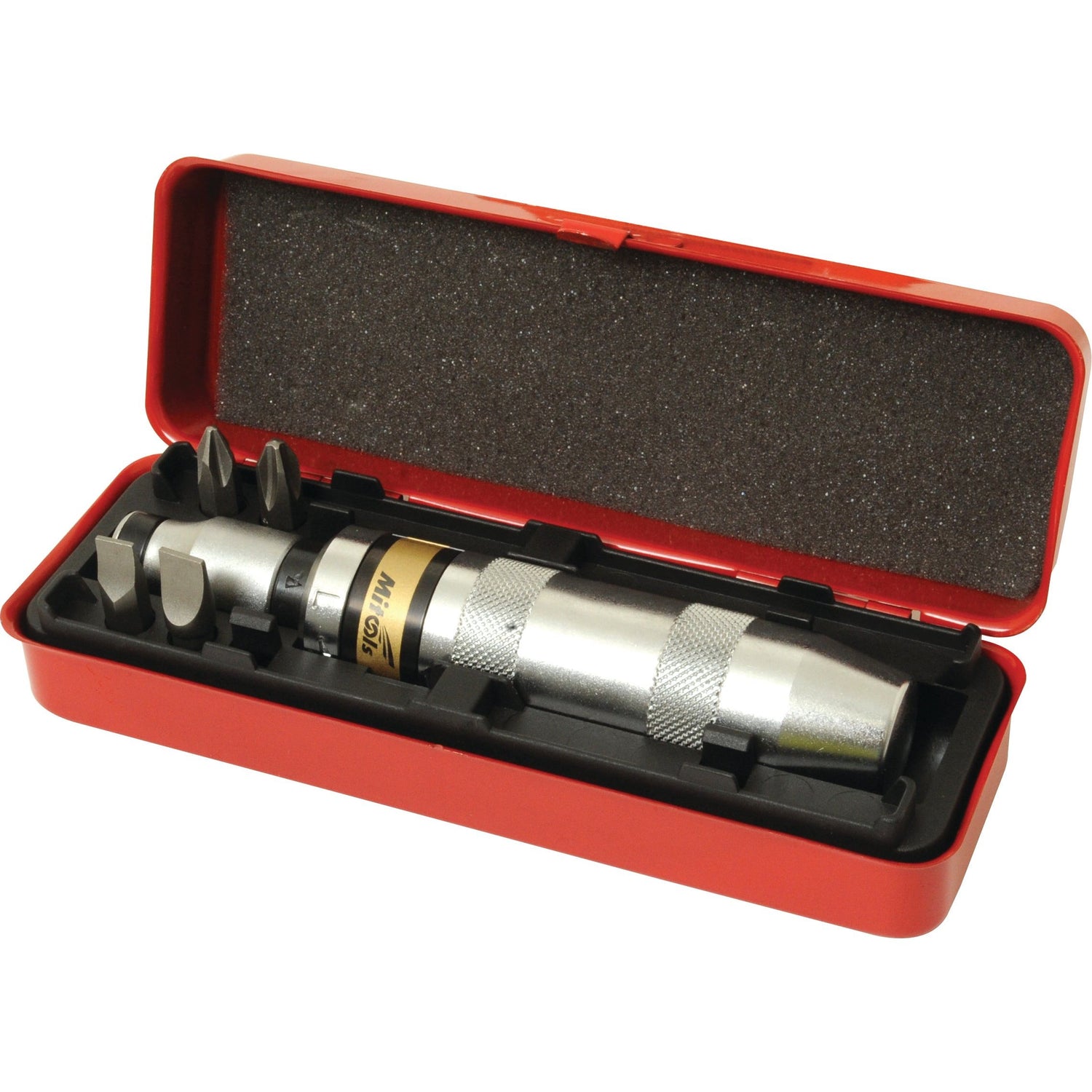 The Sparex Impact Screwdriver Sets (6 pcs.) - S.23329, housed in a red metal case, includes a durable metal impact screwdriver and various bits, featuring a 1/2'' drive size bit holder for versatile use.