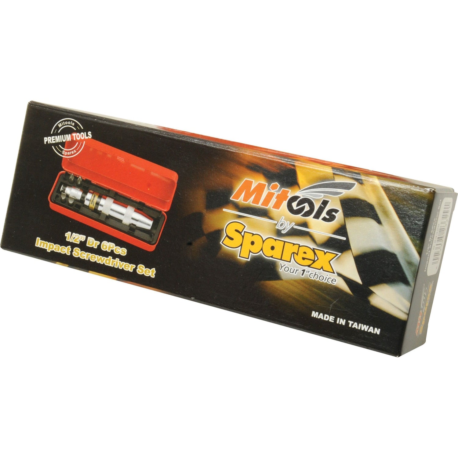 Box of Sparex Impact Screwdriver Sets (6 pcs.) - S.23329 1/2" Drive Size, featuring a red case and tools, labeled "Premium Tools" and "Made in Taiwan." Includes 1/2'' Drive Size Bit Holder.