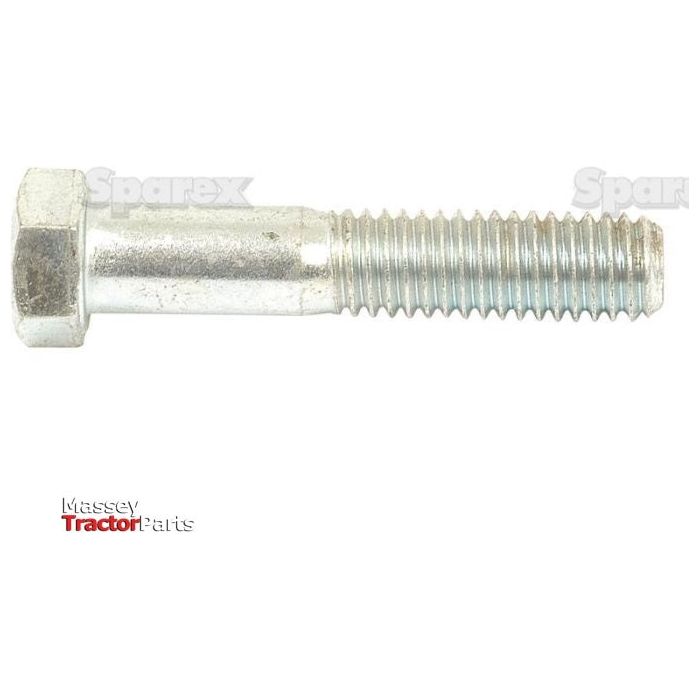 A 7/16'' x 2 1/4'' Imperial Bolt with a threaded end, zinc plated for durability. Text overlay reads "Sparex" and "Massey Tractor Parts," compliant with ASME B18.2.1 standards, Sparex Part No. S.53768.
