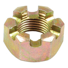 The Imperial Castle Nut, Sparex Part No. S.8933, from the brand Sparex, is a zinc-plated brass nut featuring six slots and internal threads. It is designed for use in mechanical assemblies to secure bolts and prevent rotation and is compatible with Ford/New Holland equipment.