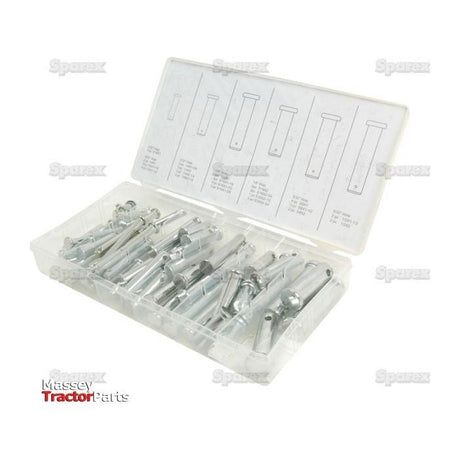 A plastic case, branded with "Sparex" and labeled "Imperial Clevis Pin Assortment (Handipak 60 pcs.) | Sparex Part No. S.29895," contains an assortment of 60 metal tools in various shapes and sizes. A diagram inside the lid labels each tool.