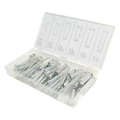 The Sparex Imperial Clevis Pin Assortment (Handipak 60 pcs.) | Sparex Part No. S.29895 is a plastic box with a transparent lid containing 60 metal linch pins in various sizes, neatly organized in compartments. The lid features graphical instructions for each pin size.