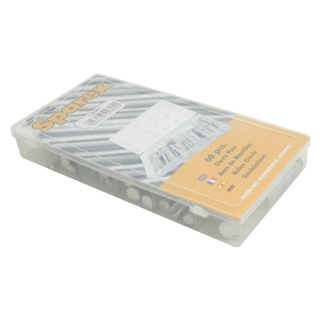 A plastic Handipak box containing 60 pieces of assorted clevis pins in various sizes, with an orange label showing the Sparex brand and an image of the pins. The product is named "Imperial Clevis Pin Assortment (Handipak 60 pcs.)" and has the Sparex Part No.S.29895.