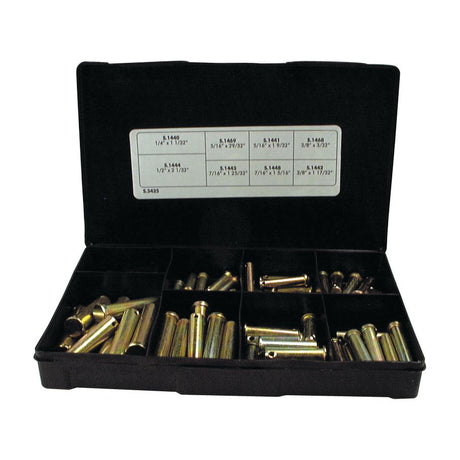 A black plastic storage case with multiple compartments containing an assortment of brass fittings, accompanied by a label inside the lid listing various fitting sizes. It's perfect for organizing your Sparex Imperial Clevis Pin Assortment, containing 80 pieces in the Handipak format (Part No. S.3425).