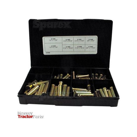 A Sparex Imperial Clevis Pin Assortment, labeled as Sparex Part No. S.3425 and packaged in a black box with multiple compartments containing various brass fittings or connectors, including clevis pins, comes with 80 pieces organized in a Handipak tray with their sizes listed on the inside lid.