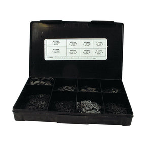 A black plastic organizer case containing various sizes of Sparex Imperial E Clips (BS1500), ranging from Ø1/4'' to 7/8'' and Ø0.21'' to 0.675'', with each compartment labeled according to their respective sizes, all in a Handipak of 500 pieces (Sparex Part No.S.12095).