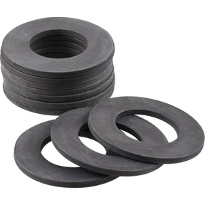 A stack of Imperial Flat Washers by Sparex, with an internal diameter of 1 1/2'' (DIN 125A | Sparex Part No. S.18303), is shown in black heavy-duty rubber, with three additional washers laid out in front of the stack.