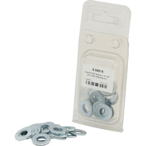 A Sparex Agripak plastic package containing 20 pieces of Imperial Flat Washers (ID: 3/8", DIN 125A, Sparex Part No. S.59816) is placed next to a small pile of loose Imperial Flat Washers DIN 125A.
