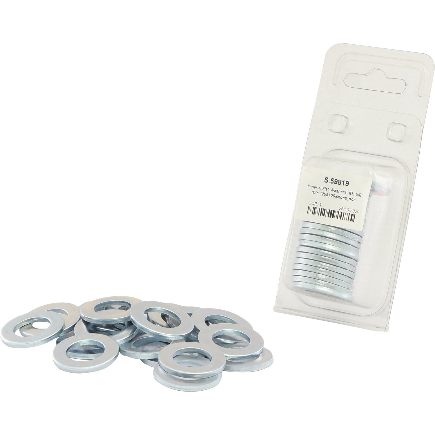 Pack of Imperial Flat Washers by Sparex, ID: 5/8'' (DIN 125A), sold in sets of 20 pieces. Some flat washers are displayed outside the clear plastic packaging, which shows item details and barcode.