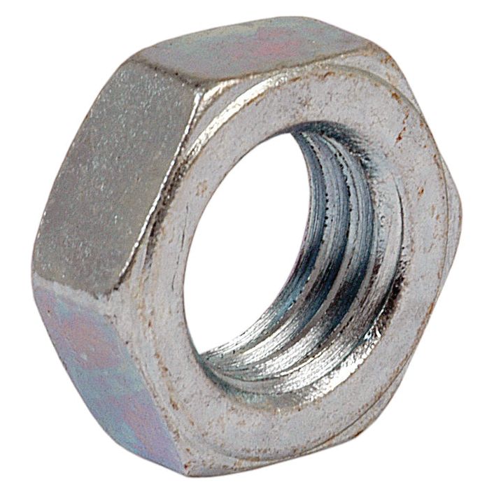 Close-up of a Sparex Imperial Half Lock Nut, zinc-plated with a hexagonal shape and internal threading, typically used in conjunction with a bolt for fastening components together. This 1 1/8'' UNC (DIN 439B) nut can be paired with lock nuts to ensure a secure and reliable connection.
