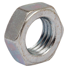 A close-up of a Sparex Imperial Half Lock Nut, size 1 1/8'' UNC, with a zinc-plated silver finish and threaded interior (DIN 439B) | Sparex Part No. S.1003.