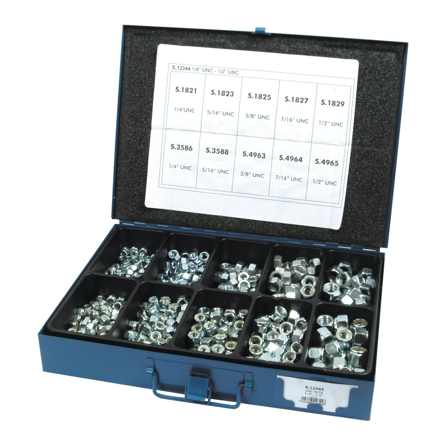A blue metal box containing Imperial Hexagon Nuts in sizes ranging from 1/4 to 1/2 inch UNC (DIN Standard No. DIN 934/985), organized into compartments. The lid features a chart listing part numbers and corresponding sizes, including Sparex Part No. S.12344 with a tensile strength of 8.8.