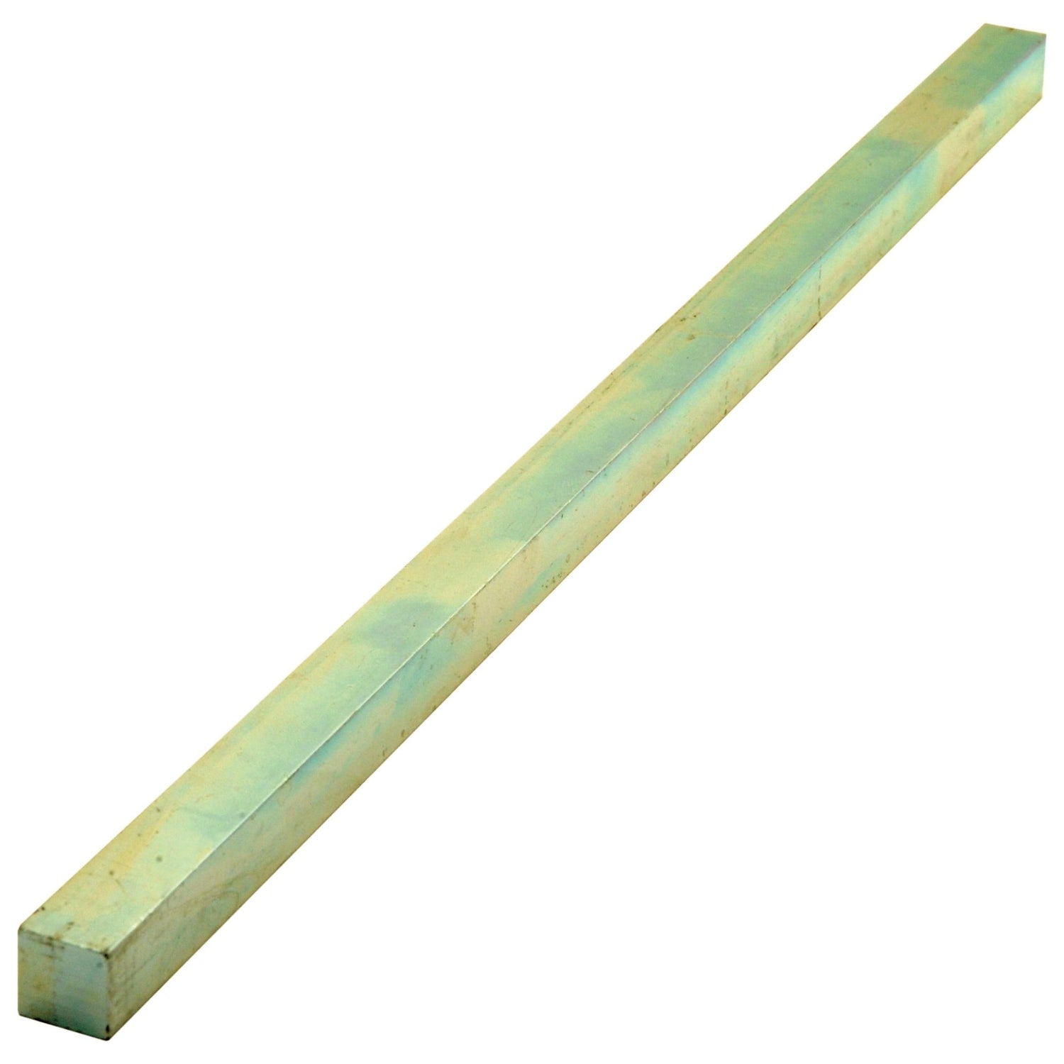 The Imperial Key Steel 7/16'' x 7/16'' x 12'', available as Sparex Part No. S.1354, is a long, rectangular metal bar with a light greenish tint, ideal for systems requiring Imperial Key Steel standards or following DIN 6880 specifications.