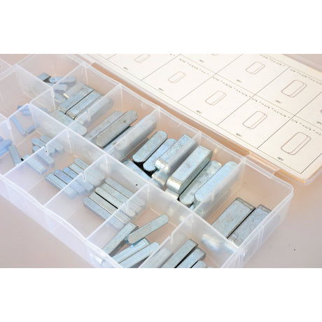 The Imperial Parallel Keys Assortment, 60 pcs. Compak by Sparex (Part No.S.29902) is a plastic container featuring multiple compartments, each containing various sizes and shapes of metal keys suitable for key cutting or fitting. Inside the lid is a diagram displaying different key types and their measurements.
