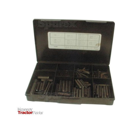 A black plastic case with compartments containing an assortment of small metal rods and a labeled chart on the lid. The case has "Massey Tractor Parts" and "Sparex" printed on it, along with product specifications to ensure you have all the manufacturing information at your fingertips. The assortment consists of Imperial Roll Pins ranging from 1/16'' to 1/2'', totaling 172 pieces, and is identified as Handipak S.2897 according to Din: 1481 standards.
