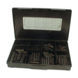 The Sparex Imperial Roll Pins - 1/16'' to 1/2'', 172 pcs. (Din: 1481) Handipak (S.2897) comes in a plastic organizer box with multiple compartments, containing various sizes of metal roll pins. A label displaying the product specifications is affixed to the inside of the lid.