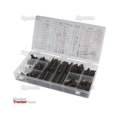 A transparent plastic box with multiple compartments holds 315 black roll pins in various sizes of 5/16" and 1/4". The inside of the box lid features a label with specifications and quantities, including DIN 1481 standards. The "Massey Tractor Parts" and "Sparex" logos are prominently visible. This product is listed as Imperial Roll Pins - 5/16'' - 1/4'', Compak, under Sparex Part No.S.29888.