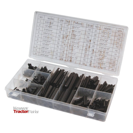 A plastic organizer box from Sparex, labeled as "Imperial Roll Pins - 5/16'' - 1/4'', 315 pcs. (DIN 1481) Compak" (Sparex Part No.S.29888), features compartments containing various sizes of black pins and rods. The open lid displays a chart listing model numbers, quantities, and dimensions of the DIN 1481 standard contents.