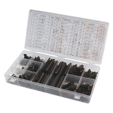 The Sparex Imperial Roll Pins Compak contains 315 steel dowel pins in various sizes, specifically 5/16'' to 1/4'', and complies with DIN 1481 standards. The plastic container features multiple compartments and a lid displaying a chart that specifies the model numbers, dimensions, and quantities of the pins. Product No.: S.29888.