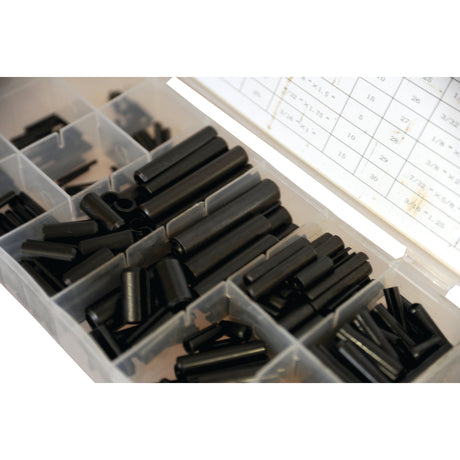 A sorting box filled with 315 black cylindrical metal pins of various sizes adhering to DIN 1481 standards, known as Sparex Imperial Roll Pins - 5/16'' - 1/4'' (Sparex Part No. S.29888).