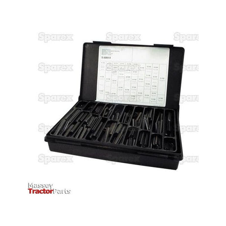 An open black case displaying a variety of tools or parts, including an Imperial Roll Pin Ø1/4'' (part of the Imperial Roll Pins - 5/64'' - 1/2'', 346 pcs., DIN | Standard No.: DIN 1481 Compak. - S.68014), all neatly arranged in compartments. The case features a label with specifications inside the lid, while logos for "Sparex" and "Massey Tractor Parts" are visible in the background.