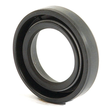 Close-up of a Sparex Imperial Rotary Shaft Seal, 11/16'' x 1 1/8'' x 1/4'' (Sparex Part No. S.41419), featuring a black rubber exterior with a coiled metal spring around the inner circumference, commonly used in Massey Ferguson machinery.