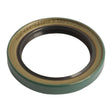 The Imperial Rotary Shaft Seal, 1 5/8'' x 2 1/4'' x 5/16'' (Sparex Part No. S.68423), is a circular seal combining metal and rubber elements. It features a primarily green color with a brownish metal outer ring and displays numerical markings around its edge.