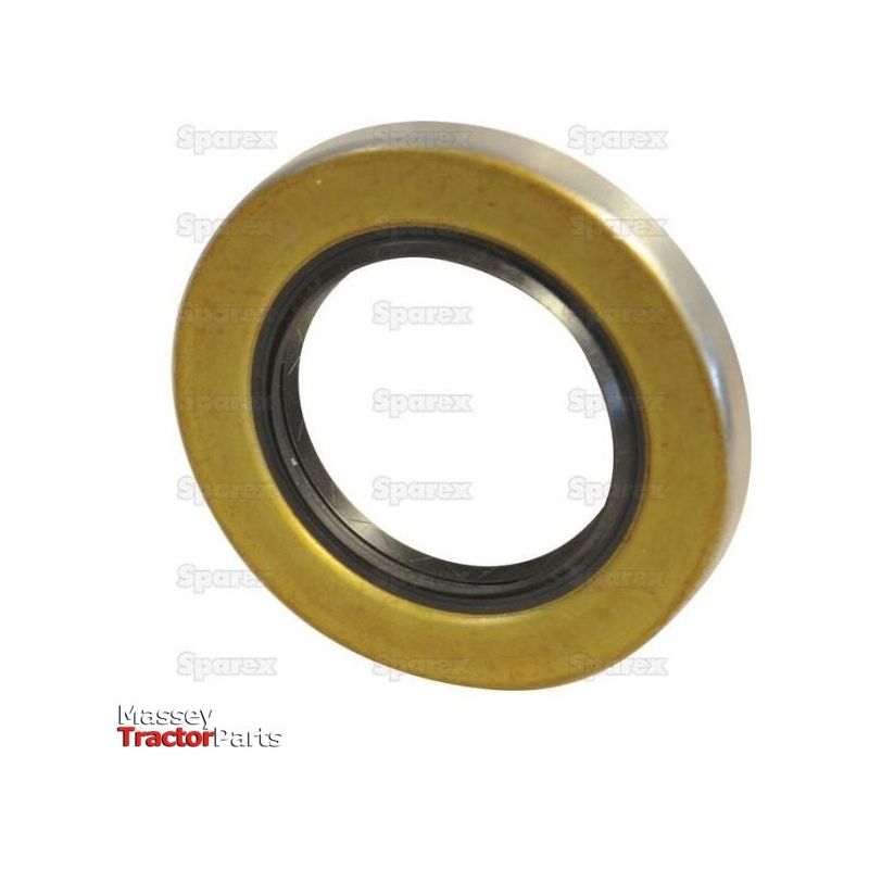 Close-up of the Sparex Imperial Rotary Shaft Seal, 1 7/8'' x 3 1/8'' x 3/8'' (Sparex Part No. S.69131), featuring a gold metallic finish on the outer edge and a black rubber inner seal. The background is white, with the text "Massey Tractor Parts" partially visible. This premium-quality component is compatible with Ford/New Holland models for optimal performance.
