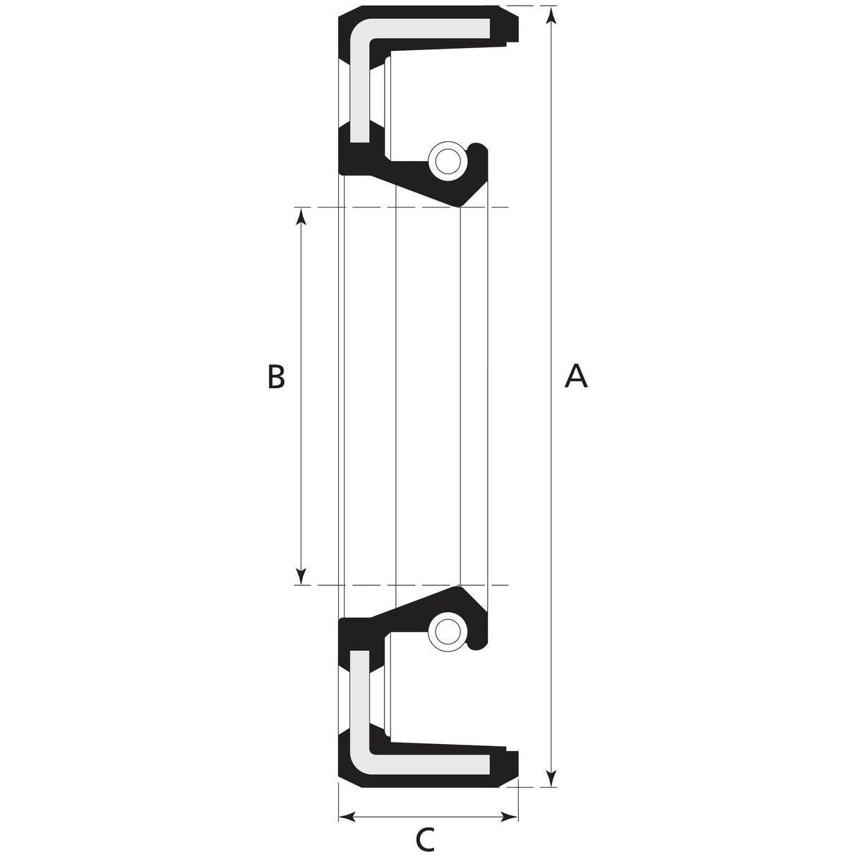 Technical drawing of a cross-sectional view of a mechanical part with labeled dimensions A, B, and C. The part appears to have symmetrical upper and lower sections, resembling the Sparex Imperial Rotary Shaft Seal (Sparex Part No. S.57775), which has a single lip and specific dimensions of 1 9/16'' x 3 3/8'' x 3/8'', commonly used in Case IH machinery.