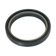 Close-up image of the Sparex Imperial Rotary Shaft Seal, 2 15/16'' x 3 3/4'' x 1/2'' (Part No. S.65960), a black circular oil seal with a gray inner lining designed for machinery to prevent lubricant leakage. This high-quality seal fits Fiat Ford New Holland models and ensures optimal performance.