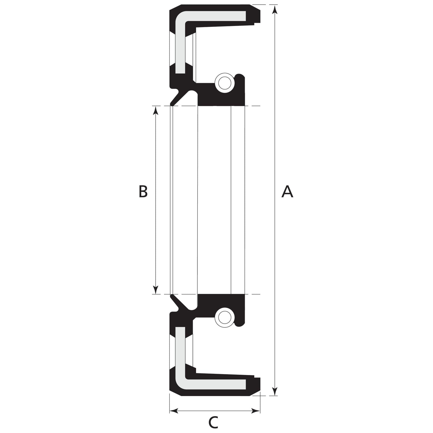 Technical drawing of the Sparex Imperial Rotary Shaft Seal, 2 1/4'' x 3'' x 3/8'' (Sparex Part No. S.40352), made from Viton, featuring a circular mechanical seal with labeled dimensions A, B, and C. The cross-sectional view shows detailed features and measurements.