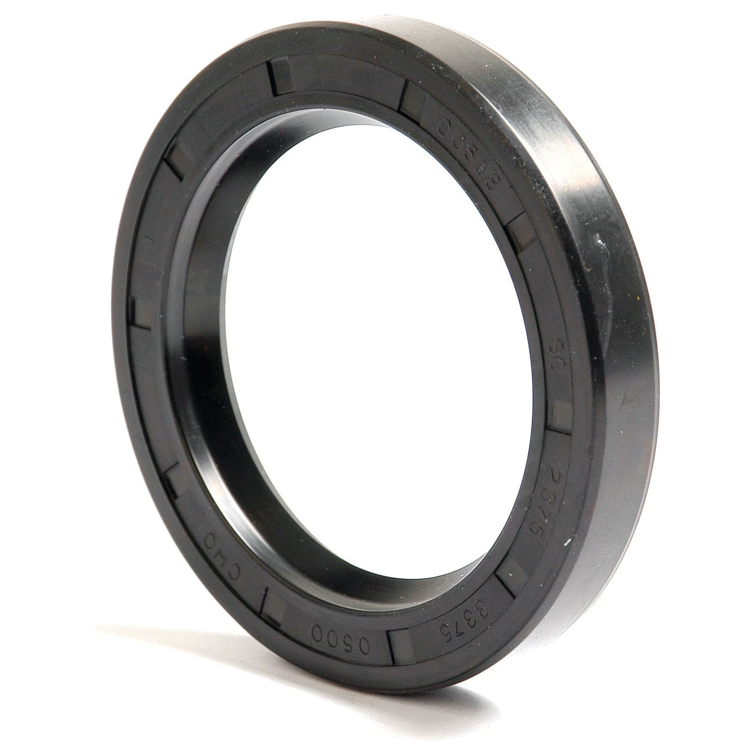 A black circular rubber seal with engraved measurements and markings, commonly used for machinery or automotive purposes, is showcased on a white background. The Imperial Rotary Shaft Seal, 2 3/8'' x 3 3/8'' x 1/2'', Single Lip (Sparex Part No. S.2977), offered by Sparex, ensures precision and reliability for various applications.