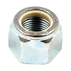 A close-up image of a Sparex Imperial Self Locking Nut, 1/2'' UNF (DIN 985), featuring a zinc-plated finish and a nylon insert inside the threads, designed for securing bolts and preventing loosening.