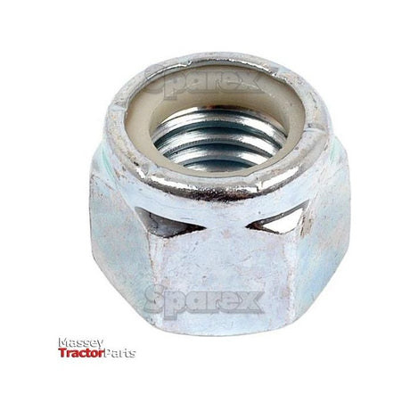 A close-up of a 3/8'' UNC Imperial self-locking nut with a nylon insert, designated as Sparex Part No. S.4963 and meeting DIN 985 standards with a tensile strength of 8.8. The words "Sparex" and "Massey Tractor Parts" appear on the image, highlighting its compatibility with Massey Ferguson equipment.