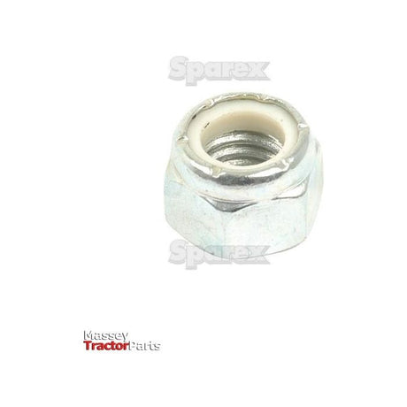 A zinc-plated 7/16'' UNC Imperial Self-Locking Nut (DIN 985) with a nylon insert, Sparex Part No. S.4964, is displayed on a plain white background at a slight angle. The brand name "Sparex" and "Massey Tractor Parts" are visible in the background.