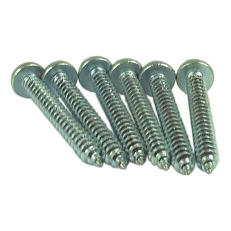 Six Sparex Imperial Self Tapping Pan Head Screws, No.10x1 1/2'' (DIN 7971), are arranged in a slightly angled line, with heads facing up and tips pointing down.