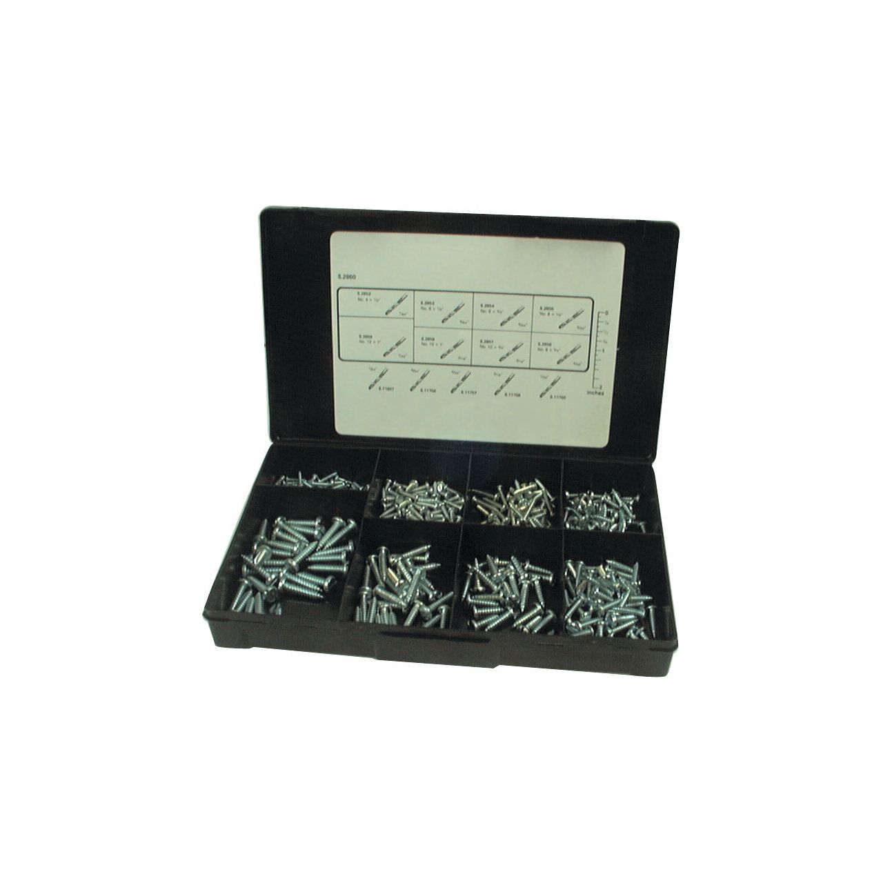 A black plastic compartment box containing various sizes of Sparex Imperial Self Tapping Pan Head Screws, ranging from No.4 to No.10 x 1/2 to 1'' (DIN 7971B), organized in separate sections with a size chart label inside the lid, Sparex Part No.S.2860.