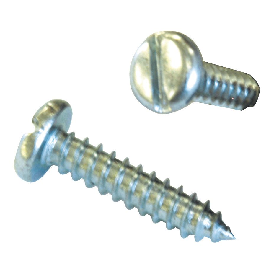 Displayed against a white background are two zinc-plated metal screws from Sparex: one is the Imperial Self-Tapping Pan Head Screw (Size: No.4 - No.10 x 1/2 - 1''), DIN standard no. 7971B, with a round head and slotted drive, and the other features a flat head and slotted drive.